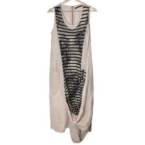 Tara Vao 100% Linen Minimalist Lagenlook Midi Dress Size M Beige Black Abstract